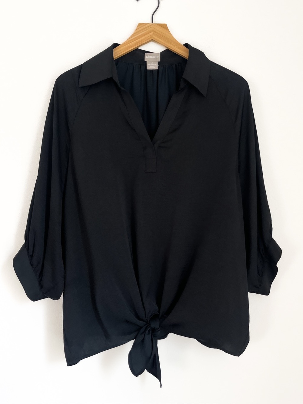 Chico’s Black Collared Tie Front Long Sleeve Blouse Size 2 US 12